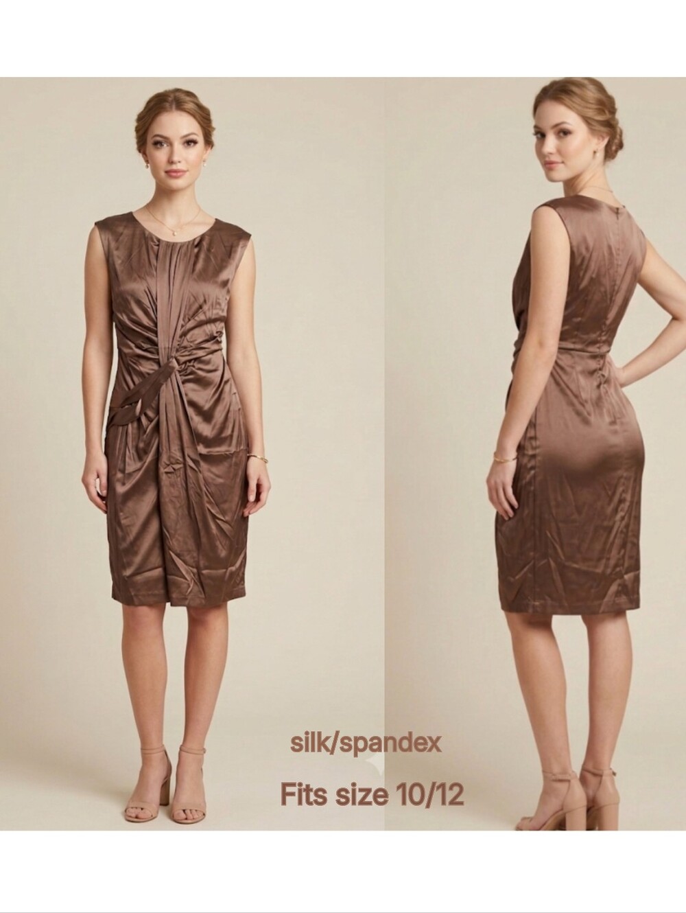 Suzi Chin Maggy Boutique Chocolate Brown 95% Silk Ruched Midi Dress Size 10